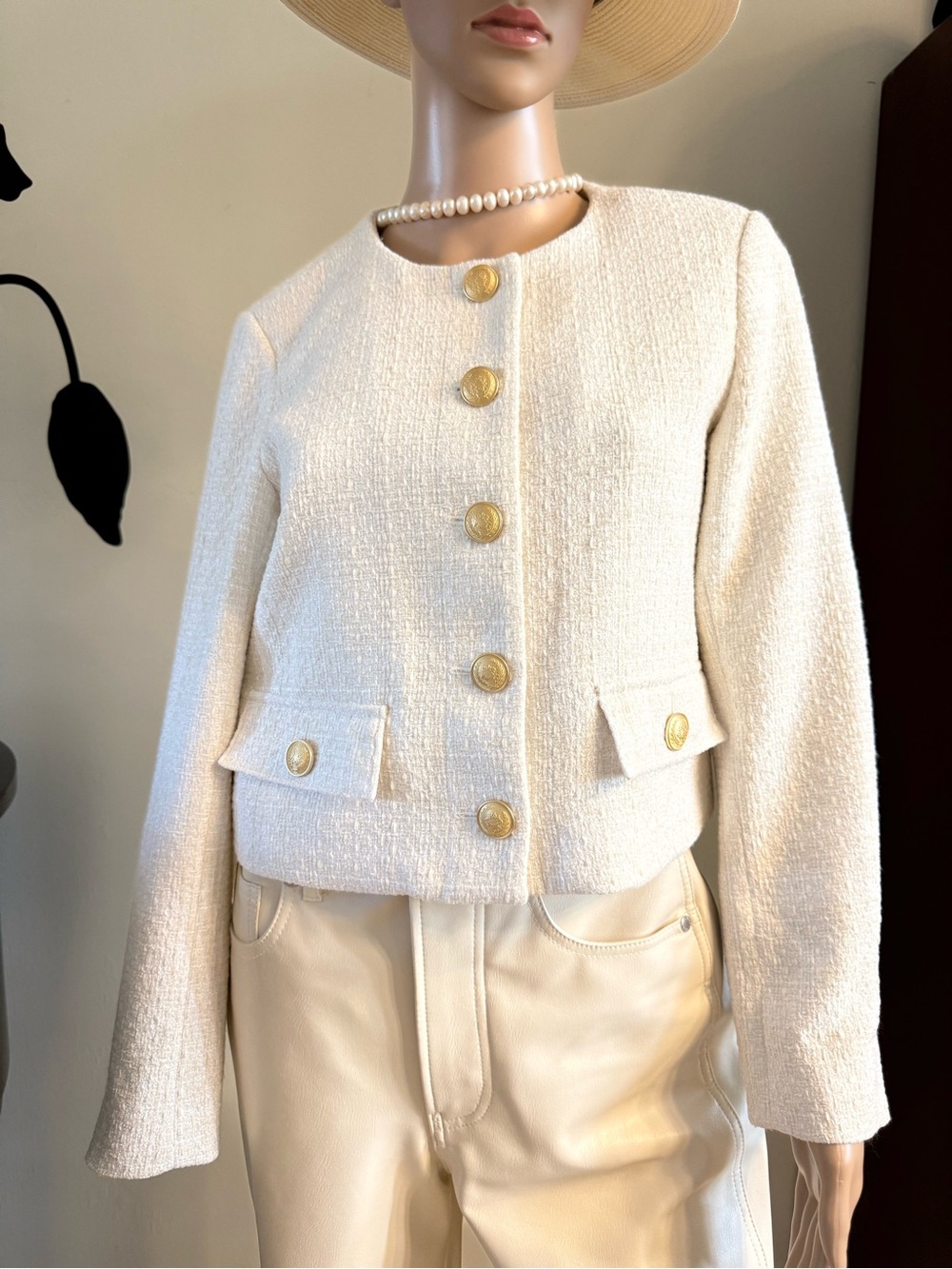 White House Black Market Cream Tweed Jacket with Gold Buttons
